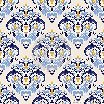 Vintage seamless damask pattern. Colorful Tile in turkish style. Hand drawn floral background. Wallpaper in Victorian style. Vector Illustration